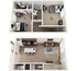 Modern duplex floor plan showcasing two spacious bedrooms, an open-concept kitchen and living area, with ample natural light.