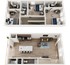 Modern duplex floor plan featuring three bedrooms, open-concept kitchen with island seating, spacious living area, and stylish design accents.