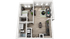 Modern 3D floor plan showcasing a cozy 1-bedroom apartment with a spacious open-concept living area, sleek kitchen, and convenient in-unit laundry.