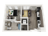 Modern 3D floor plan showcasing a stylish one-bedroom apartment with an open living area, full kitchen, and integrated laundry space.