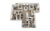 Modern 3D floor plan showcasing 3 bedrooms, a spacious kitchen with island, and a cozy living area, ideal for comfortable living.