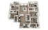 Spacious floor plan featuring three bedrooms, modern kitchen, open living area, and multiple bathrooms.