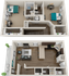 Charming two-story apartment floor plan featuring two bedrooms, a cozy living room, and a modern kitchen with island seating, complemented by a private balcony for outdoor relaxation.