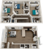 Stylish 3D floor plan showcasing an elegant two-story apartment with three cozy bedrooms, modern kitchen, and chic open-plan living area.