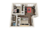 Chic 3D floor plan showcasing a modern 1-bedroom apartment with a stylish living area, well-equipped kitchen, and elegant bathroom.