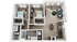 Modern 3D floor plan showcasing two cozy bedrooms, a stylish open-concept living and dining area, and a sleek kitchen with contemporary fixtures.