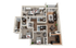 Modern 3D floor plan showcasing 3 bedrooms, a cozy living room, and an elegant open kitchen with dining area, featuring warm wood flooring and natural light.