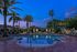 Pool at dusk with palm trees and cabana views.