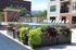 Chic outdoor pool area with stylish lounge chairs, vibrant flower planters, and refreshing water fountains.