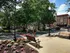 Charming urban park scene with vibrant flowers, lush trees, and people strolling, surrounded by historic buildings.