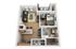 Modern 3D apartment floor plan showcasing 1 bedroom, an inviting living room, sleek kitchen, and contemporary bathroom.