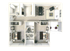 Modern floor plan with two bedrooms, two bathrooms, open living, and dining area.