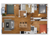 Modern 2D floor plan showcasing a spacious layout with three cozy bedrooms, a stylish open-concept living and dining area, and a well-appointed kitchen.