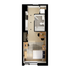 Modern studio apartment floor plan with a cozy bedroom, compact kitchen, functional workspace, and sleek bathroom design.
