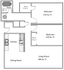 Contemporary floor plan featuring two spacious bedrooms, cozy living room, modern kitchen, and well-appointed bath.