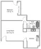 Cozy apartment floor plan featuring 1 bedroom with closet, spacious living room, well-equipped kitchen, and a modern bath.
