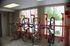 Bright and modern bike storage room with red racks and large windows offering natural light.