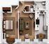 Newly Renovated 1-Bedroom floor plan featuring an elegant bedroom, cozy living room with plush seating, and a sleek, fully-equipped kitchen with dining area.