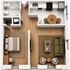 Modern floor plan showcasing a cozy 1-bedroom with an inviting living room, efficient kitchen, and elegant bathroom layout.