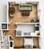 Elegant 2D floor plan showcasing a cozy bedroom, spacious living area with stylish furniture, a modern kitchen, and a well-appointed bathroom.