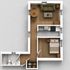 Charming floor plan showcasing a cozy one-bedroom apartment with an open-concept living room, sleek kitchen, and elegant bathroom.