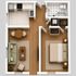 Modern and cozy 1-bedroom apartment floor plan with an inviting living area, well-equipped kitchen, and elegant bathroom.