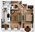 Chic floor plan featuring a cozy one-bedroom suite, elegant living room, stylish kitchen, and modern bathroom.