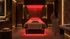Luxurious spa room with ambient lighting, featuring a cozy massage table illuminated by a striking red LED panel.