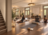 Tranquil yoga studio with elegant lighting, wood flooring, and serene decor, featuring practitioners in a calm environment.