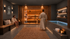 Elegant luxury sauna room with warm wood accents and ambient lighting, featuring a relaxation pool and cozy seating at Baker House.