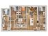 Contemporary 3-bedroom floor plan showcasing elegant living area, modern kitchen with island, and two sleek bathrooms.
