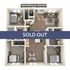Contemporary 3D floor plan featuring three bedrooms, a cozy living room, and a modern kitchen, marked as sold out.