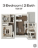 Modern 3 bedroom, 2 bath floor plan with open-concept living space, sleek kitchen, and 1124 SF of comfort.