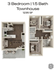 Elegant 3-bedroom, 1.5-bath townhouse floor plan, featuring a spacious common area and modern kitchen, totaling 1235 sq ft.