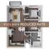 Modern 2-bedroom apartment floor plan with open-concept living area, balcony, and in-unit laundry at a reduced rate of $1375.