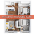 Modern 2-bedroom apartment floor plan with a cozy living area, stylish kitchen, and reduced rental rate. Ideal for comfortable urban living.