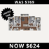 Modern apartment floor plan with 3 bedrooms, open living area, and stylish kitchen, now available at a reduced price of $624 for a limited time.