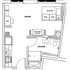 Modern floor plan with a spacious bedroom, efficient kitchen, cozy dining area, functional desk space, and a stylish bathroom.