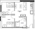 Modern apartment floor plan featuring two spacious bedrooms, a combined kitchen and living room area, and a well-appointed bathroom.