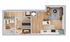 Modern 1-bedroom floor plan featuring an open-concept living area, stylish kitchen, and a chic bathroom.