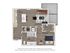 Modern floor plan featuring a cozy bedroom, open-concept living and kitchen area, luxurious bath, and spacious patio balcony.