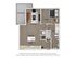 Modern apartment floor plan featuring 1 bedroom, an open-concept kitchen and living room, and a generous patio/balcony area.