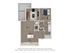 Modern 2D apartment floor plan with 1 bedroom, open living and dining area, stylish kitchen, spacious bath, and inviting patio balcony.