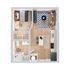 Sophisticated 2D floor plan showcasing a cozy one-bedroom apartment with a modern open-plan living and kitchen area, stylish bathroom, and elegant wood flooring.