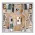 Modern 2D floor plan showcasing two cozy bedrooms, an inviting open-concept living area, a sleek kitchen with island seating, and two well-appointed bathrooms.