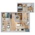 Modern apartment floor plan showcasing 2 bedrooms, a spacious living room, an open kitchen, and two bathrooms with sleek design.