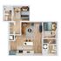 Modern 2D floor plan featuring 2 bedrooms, spacious open-concept living area, and sleek kitchen design.