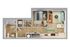Chic apartment floor plan featuring a cozy bedroom, stylish living area, modern kitchenette, and well-appointed bathroom.
