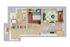 Modern floor plan showcasing a cozy one-bedroom apartment with an open living area, stylish kitchen, and elegant bathroom.