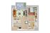 Modern floor plan featuring a bedroom, stylish open living area with hardwood floors, a sleek kitchen island, and a cozy balcony with outdoor seating.
